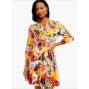 Loft Palm Henley Flounce Shirtdress Floral Tropical Vacation Cotton Rayon Medium